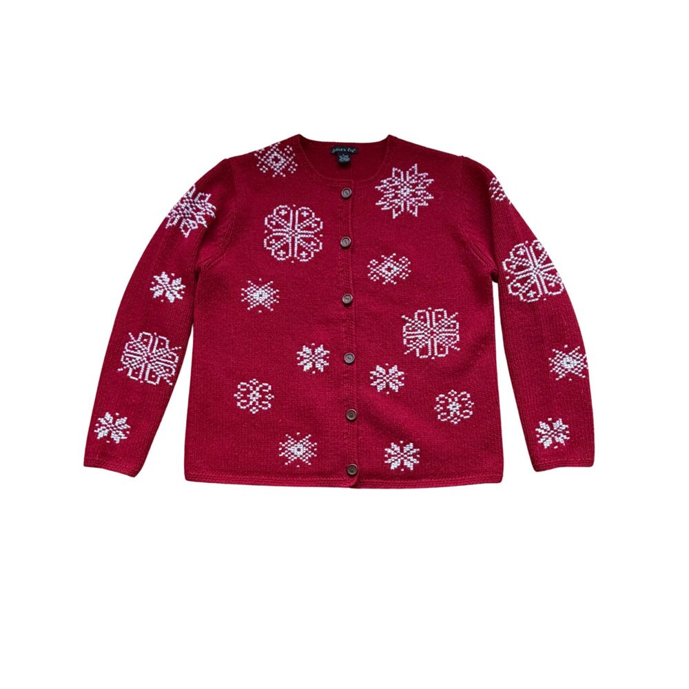 VTG Eagle's Eye Red 100% Wool Chunky Knit Winter Snowflake Cardigan Sz L Holiday